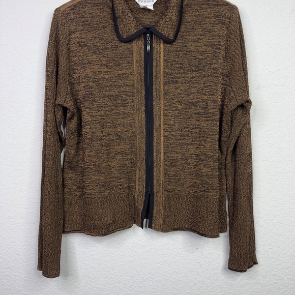 Exclusively Misook Cardigan Sweater Womens M Brown Black Knit Zip Minimalist - Picture 4 of 8